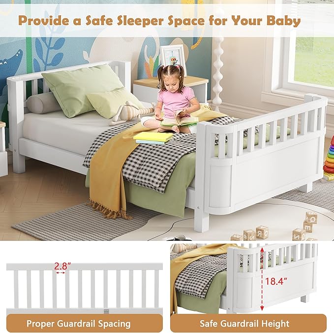 Twin Size Kids Bed Montessori Daybed with Safety Rails and Headboard, Low Profile Wood Platform Twin Bed Frame with Slats for Kids Boys Girls Bedroom, No Spring Box Required, Twin White