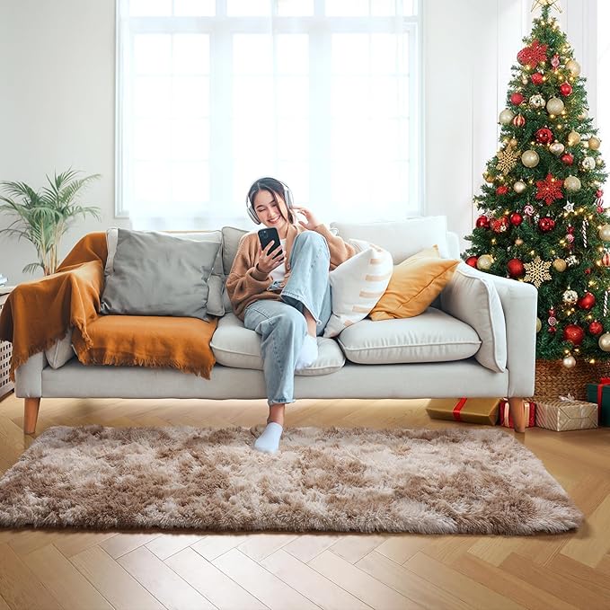 ONASAR Runner Rugs for Bedroom Living Room, Tie-Dyed Beige 2x6 Washable Bedside Hallway Fluffy Area Rug, Ultra Soft Plush Furry Faux Fur Non Slip Floor Carpet for Nursery Kids Dorm Closet Home Decor