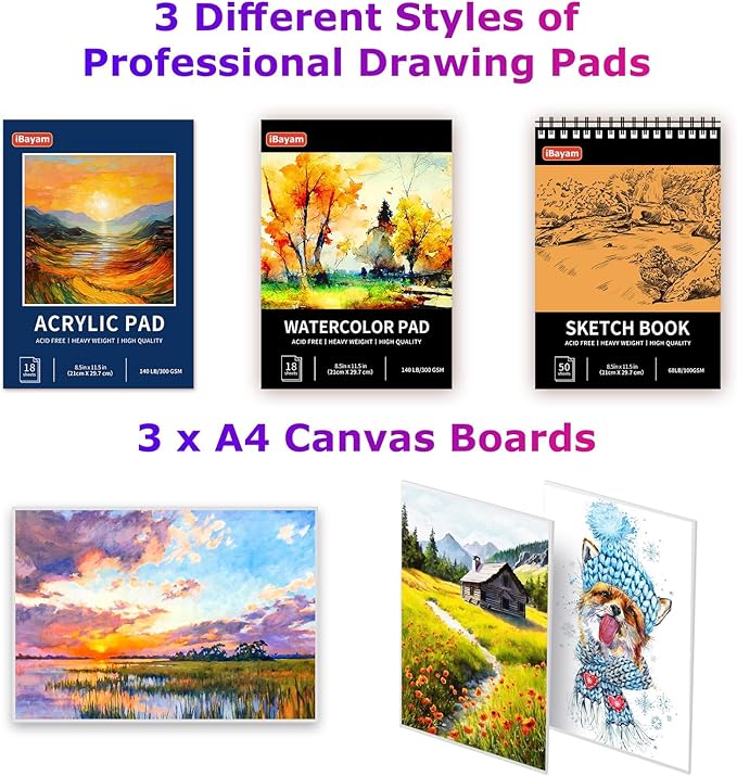 iBayam Art Supplies, 195 Pack Art Set Drawing Kit for Kids Teens Girls Boys Adult, Arts and Crafts Painting Kit, Art Kits Paint Set with Acrylic Pad, Sketchbooks, Watercolor Pad, Canvases, Gift Box