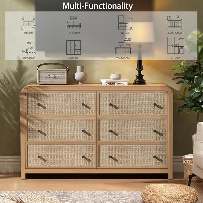 Oak&Sparrow 6 Drawer Dresser for Bedroom, 49'' Rattan Dresser with Ample Storage, Boho Chest of Drawers, Thickened Curved Profile Design, Oak Dressers for Bedroom, Living Room