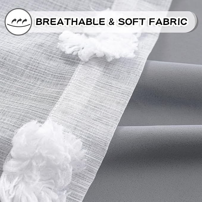 MYSKY HOME 95 Inch Long Living Room Curtains Double Layer Grey Blackout Curtains for Boys Bedroom White Pom Pom Sheer Curtains for Kids Room Darkening Grommet Top Nursery Window Panels 52 x 95 in