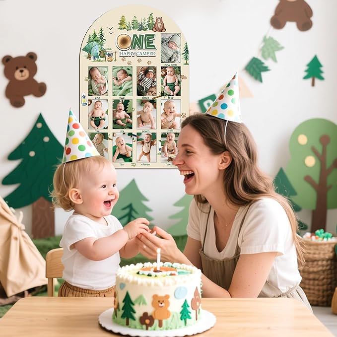 R HORSE My First Year Photo Display Wood Board - 3D One Happy Camper Baby's First Year Picture Frame, 12 Months Camping Milestone Board Neutral Keepsake Gift 1st Birthday Nursery Decor for Boy Girl
