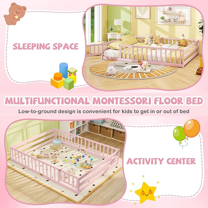 Giantex Queen Floor Bed with Door & Fence, Kids Wood Montessori Beds with Safety Guardrails, Floor Bed Twin for Kids, Boys, Girls, No Box Spring Needed, Pink