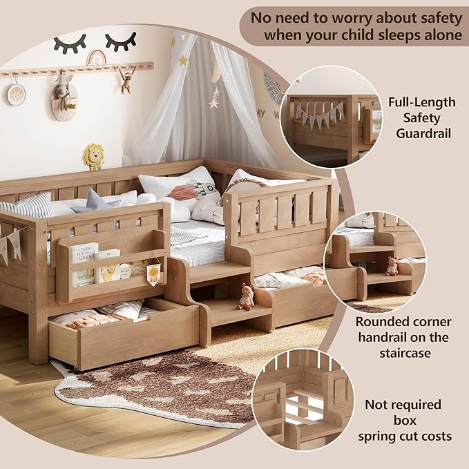 Bellemave Twin Bed with Slats and Stairs, Twin Size Platform Bed Frame with Fence, Bookshelf and Storage Drawers, Easy Assemble Beds for Kids, Girls, Boys, Natural