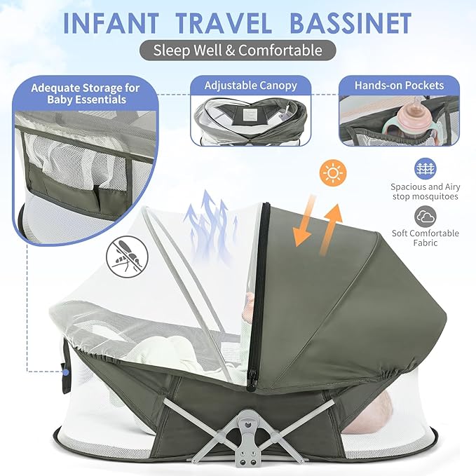 Bedside Bassinet for Baby, Portable Baby Bassinet Travel Bed with Mosquito Net & Sunshade, Lightweight Foldable Baby Crib with Easy-Clean Fabric for Home & Outdoor