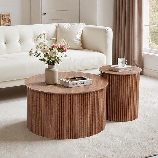 Fluted Round Nesting Coffee Table Set of 2, Mid Century Modern Wood Coffee Table and End Table Set, Minimalist Center Tables Circle Side Table for Living Room, Office(Walnut)