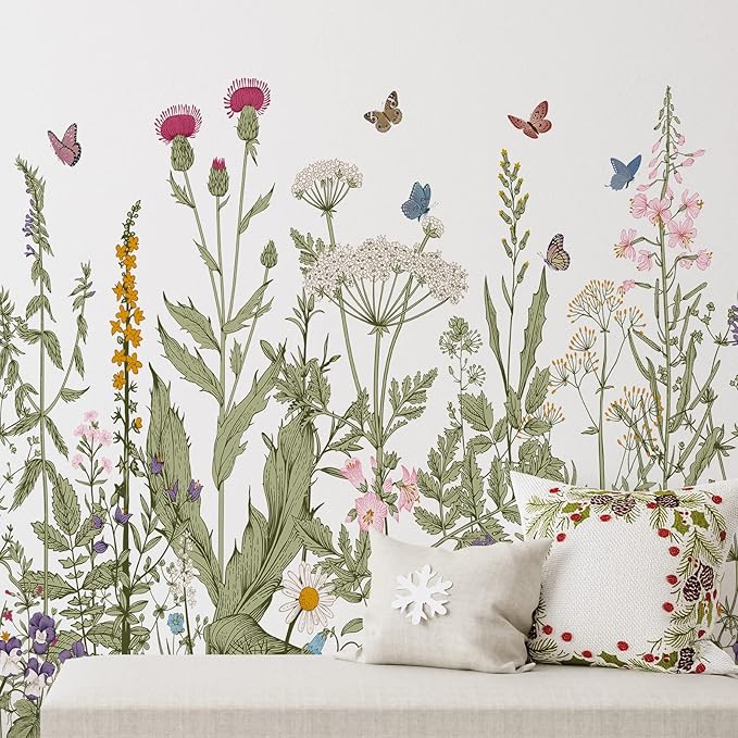 Zonon 6 Pcs Flowers Wall Decals Stickers Vinyl Removable Peel and Stick Colorful Dragonflies Floral Wall Murals Decor for Bedroom Living Room Nursery (Olive Green Flowers)