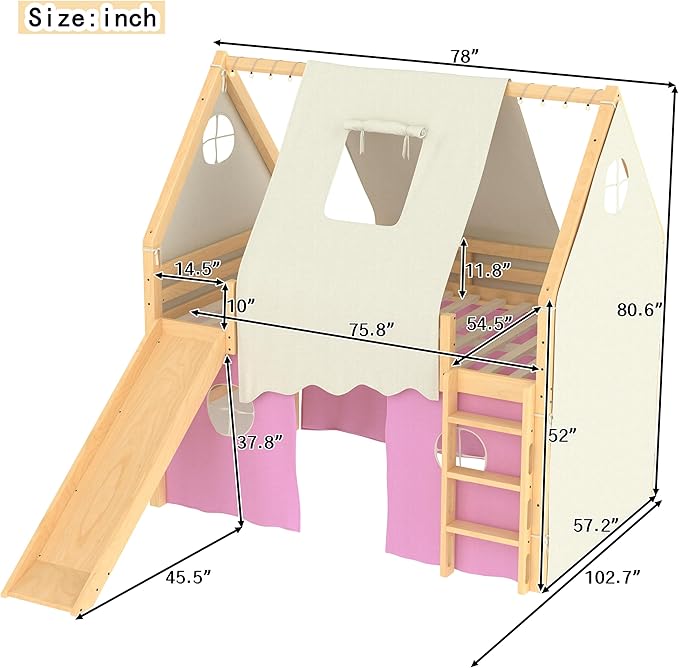 Playhouse Design Full Size Loft Bed with Slide & Tent, Solid Wood Tent Bed Frame for Kids Boys Girls, Versatile Spacious Under Bed Space, Chic Design with Lights (Natural+Pink-Full)