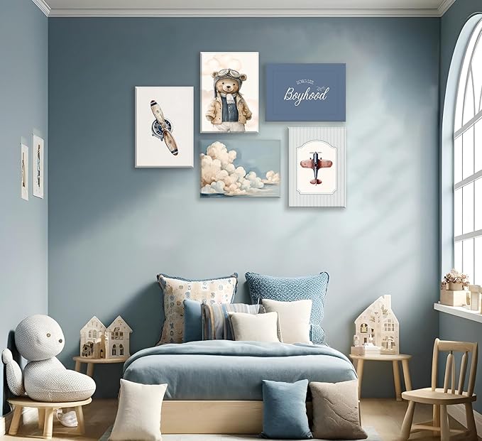 Vintage Baby Boy Nursery Wall Art Retro Airplane Travel Kids Room Canvas Wall Decor Teddy Bear Pictures Navy Blue Aviation Posters Cloudy Sky Painting Print Artwork for Boy Room Playroom, Framed