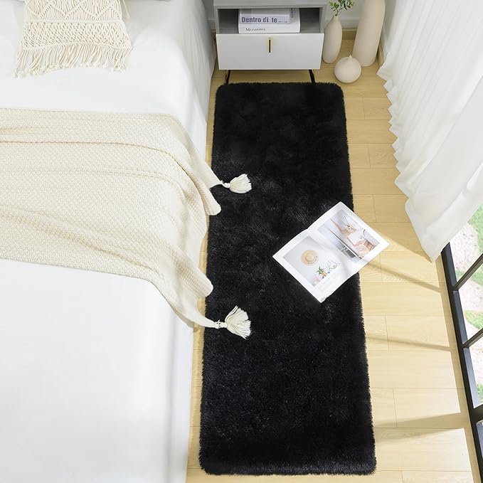 BENRON Soft Runner Rugs for Bedroom 2x6, Washable Long Runners for Hallway Entryway Kitchen Dorm, Fluffy Throw Rug for Kids Girls Room Decor Photo Prop, Black