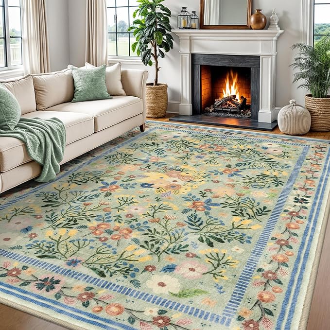 Area Rugs for Living Room 8x10, Washable Boho Green Thin Floral Living Room Rug Non-Slip, Vintage Bedroom Indoor Carpet for Dining Room Kitchen Playroom Office, Green/Multi