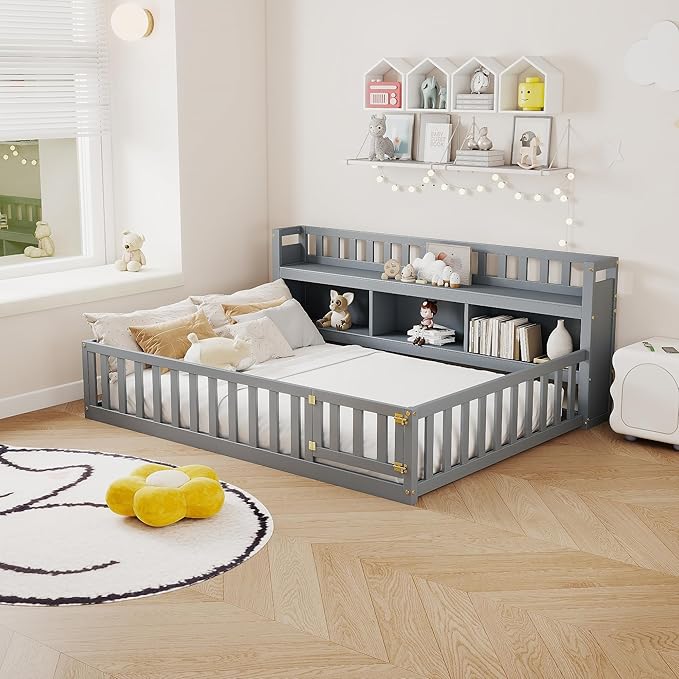 mikibama Full Size Floor Bed with Side Bookcase and Shelves, Montessori Floor Bed with Guardrails for Bedroom, Wood Full Floor Bed Frame with Storage for Girls, Boys, Grey