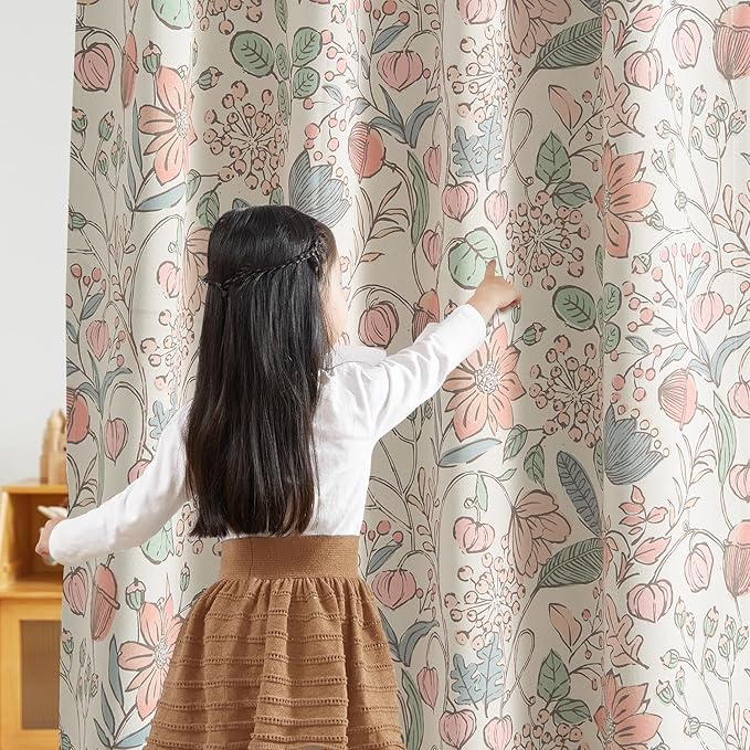 Vangao Pink Nursery Curtains for Girls Room Floral Blackout Dorm Curtains 63 Inch Length Farmhouse Drapes for Bedroom Room Darkening Flower Patterned Window Treatment for Kids Set of 2