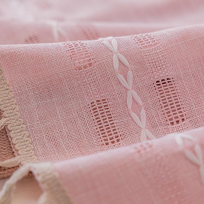 Deeprove Blush Pink Boho Curtain 63 inches Length for Living Room Girl Bedroom Nursery, Retro Casual Bohemian Sheer 63 inches Long Stripe Embroidery Privacy Window Tassel Decor W52 x L63, 1 Panel