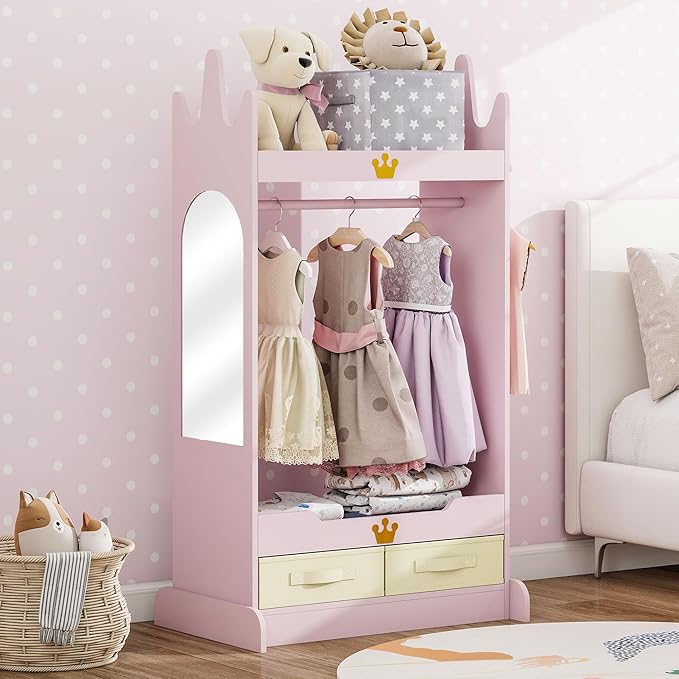 Kids Dress Up Storage with Mirror, Kids Open Hanging Armoire & Costume Storage Dresser, Costumes Wardrobe Closet for Bedroom, Nursery, Preschool, Pink