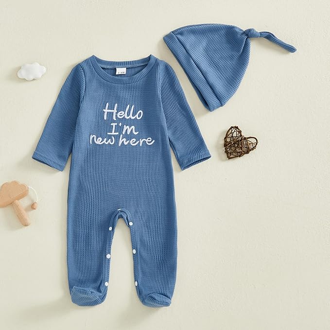 Hello I'm New Here Newborn Outfit Boy Letter Embroidery Waffle Knit Long Sleeve Footed Jumpsuit Coming Home Outfit Hat