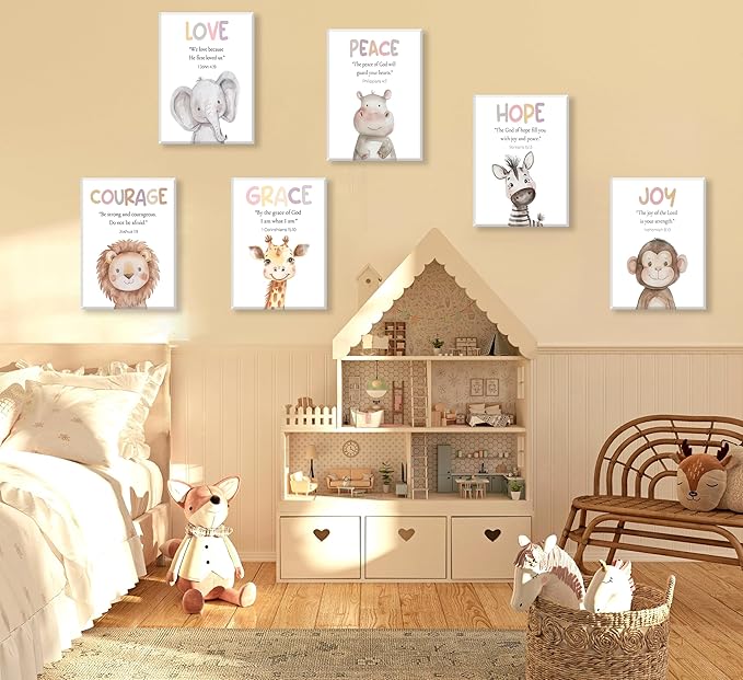 Safari Animal Bible Verse Nursery Wall Art Christian Picture Kids Room Wall Decor Uplifting Scripture Poster Hope Love Joy Jungle Animals Painting Canvas Print Artwork for Baby Room Playroom, Framed