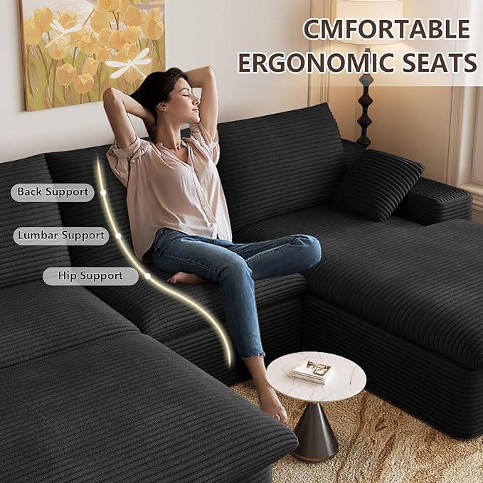 107" Cloud Modular Sectional Sofa with 1 Ottoman, Deep Seat Boneless Couch, Modern Upholstered Corduroy Couches, Comfort U Shaped Sofa for Living Room, No Assembly Required(Black,Right Facing Chaise)