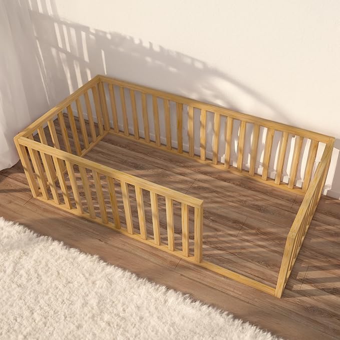 Montessori Floor Bed for Kids 39.4'' x 75.2'' Twin | Toodlers Floor Bed with Safety Guardrails | Pine Wood Baby Bed | Sturdy Wood Frame Bed for Girls and Boys (Twin, Height : 19 Inches)
