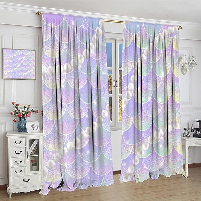 Mermaid Curtains, Gradient Color Pink Purple Pearl Ocean Theme Mermaid Fish Scale Print Decoration Suitable for Children Girls Bedroom Nursery Curtains 42x44 Inch
