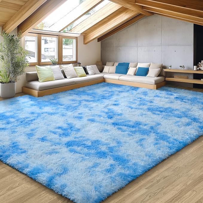 EVOIONOS Area Rug for Living Room Bedroom, Washable 6x9 Fluffy Shag Large Rug, Soft Plush Non Slip Carpet for Indoor Floor Bedside Nursery Kids Girls Room Dorm, Home Decor Aesthetic, Tie-Dyed Blue