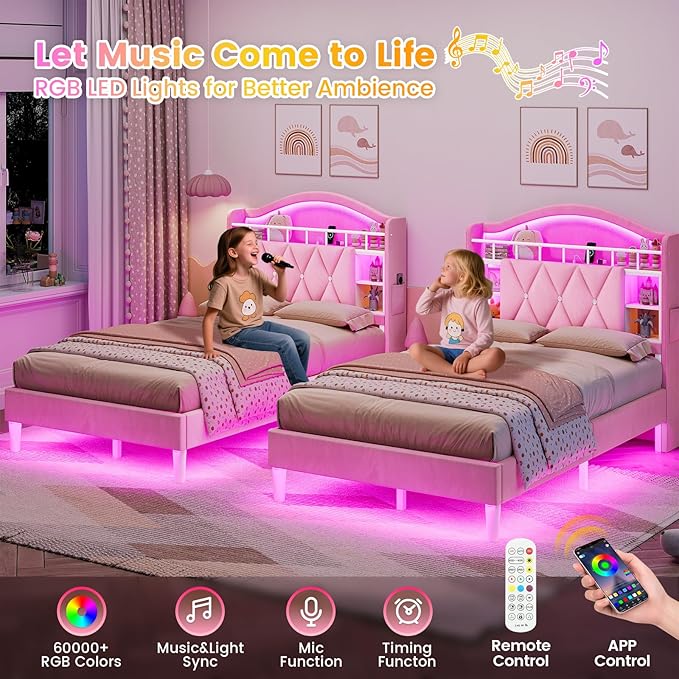 ADORNEVE Twin Size Bed Frame with LED Lights, Princess Velvet Upholstered Platform Bed for Girls, Headboard with Charging Station & Guardrail & Crystal Button, No Box Spring Needed, Pink