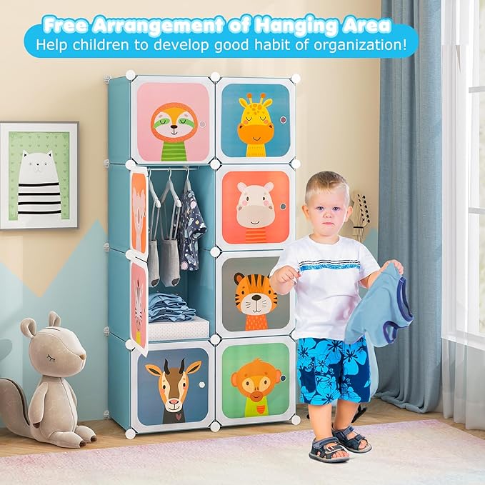 Costzon Kids Closet, Cartoon DIY Modular Dresser Storage Organizer with 8 Cubes & Clothes Hanging Rack, Portable Armoire for Baby Toddlers, Kids Wardrobe for Bedroom Nursery, Blue