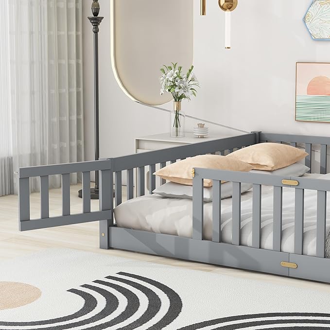 Queen Size Floor Bed for Kids, Wood Montessori Floor Beds with Fence Railings, Door & Slats Support, Queen Playhouse Bed Frame for Boys Girls, No Box Spring Needed, Gray