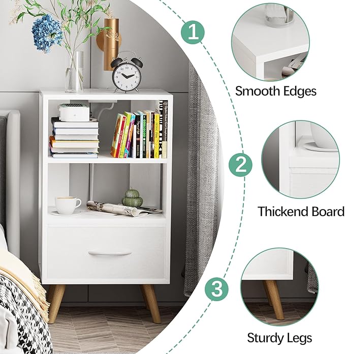 Night Stand with Charging Station, White Kids Nightstand with Drawer, 3-Tier Nursery Bedside Table with USB Ports and Outlets, End Table for Small Space, Living Room, Bedroom