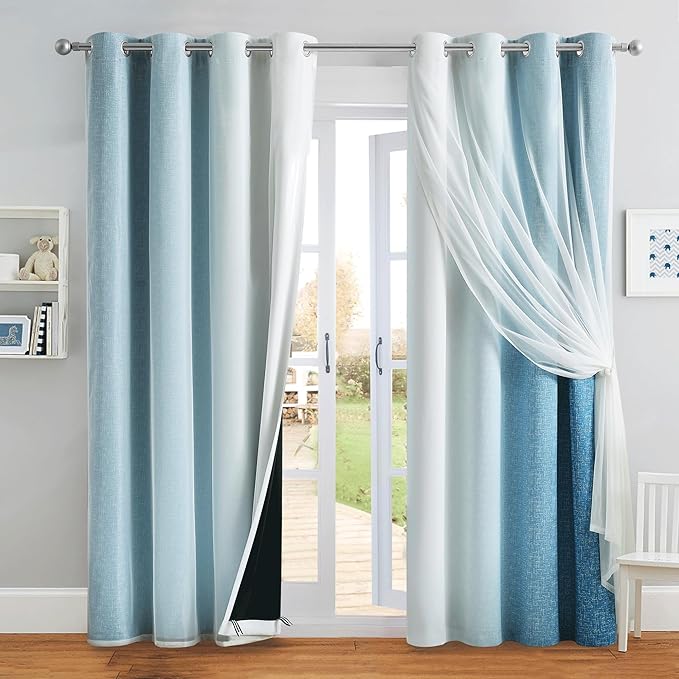 100% Blackout Curtains with Sheer Overlay Mix and Match Double Layer Drapes 96 Inch Long 2 Panels for Bedroom Living Room Blue White Ombre Grommet Window Treatment with Tiebacks