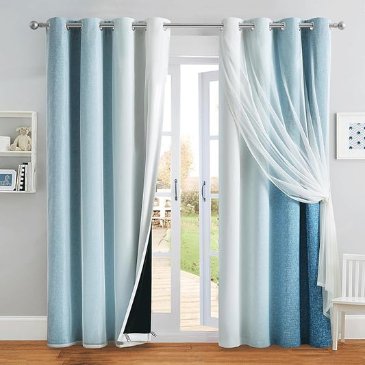 100% Blackout Curtains with Sheer Overlay Mix and Match Double Layer Drapes 96 Inch Long 2 Panels for Bedroom Living Room Blue White Ombre Grommet Window Treatment with Tiebacks