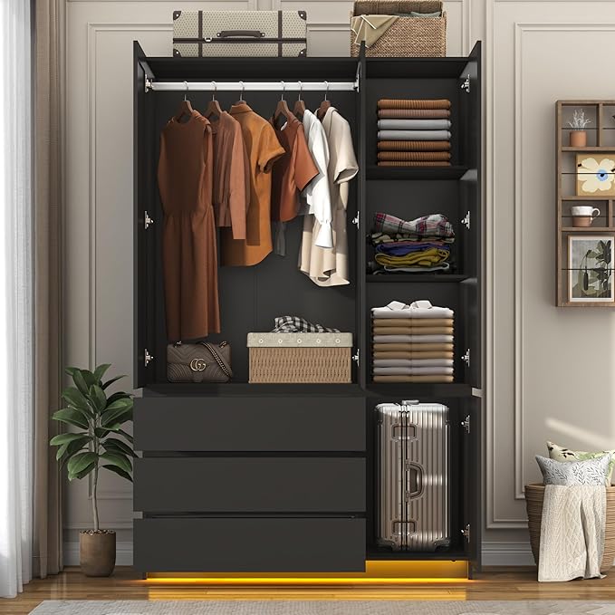 3 Doors Armoire Wardrobe Closet with 3 Drawers & Mirror, Modern Wooden Bedroom Armoires with Hanging Rod Led Lights for Bedroom, Black