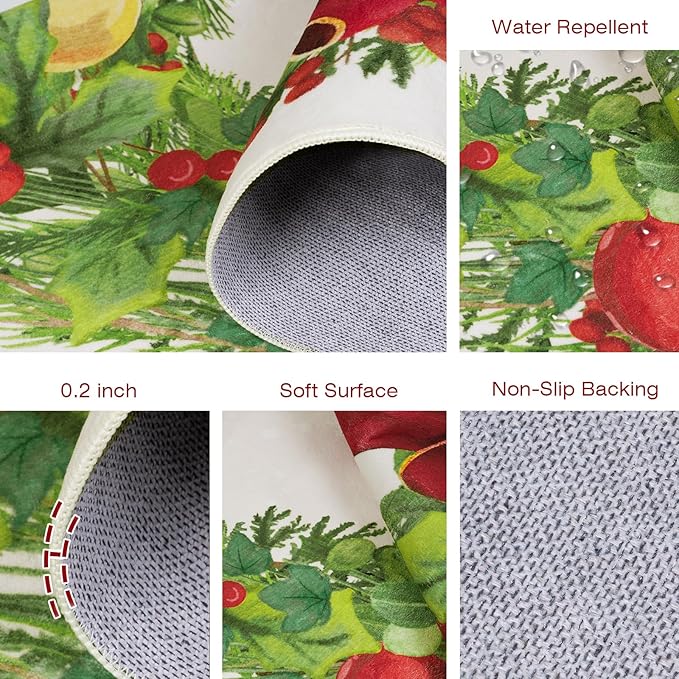 4' Machine Washable Christmas Round Area Rug, Non-Slip Vintage Floral Circle Floor Rugs for Kids, Low Pile Room Carpet for Living Room, Bedroom, Dining Room & Nursery(4' Christmas Wreath)