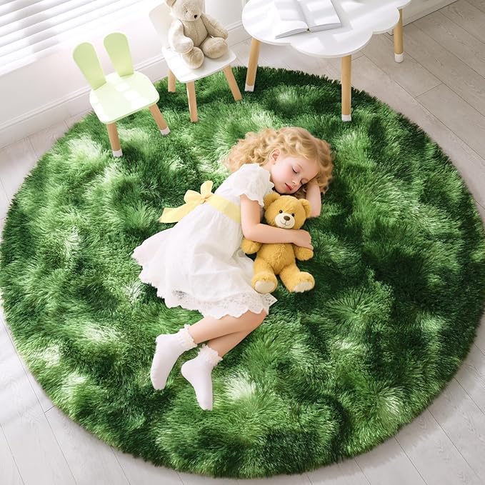EVOIONOS Tie-Dyed Green Round Rug Bedroom, 4x4 Ft Fluffy Soft Circle Area Rugs Living Room, Plush Shaggy Circular Carpet Indoor Floor Bedside Kids Nursery, Machine-Washable Home Decor Aesthetic