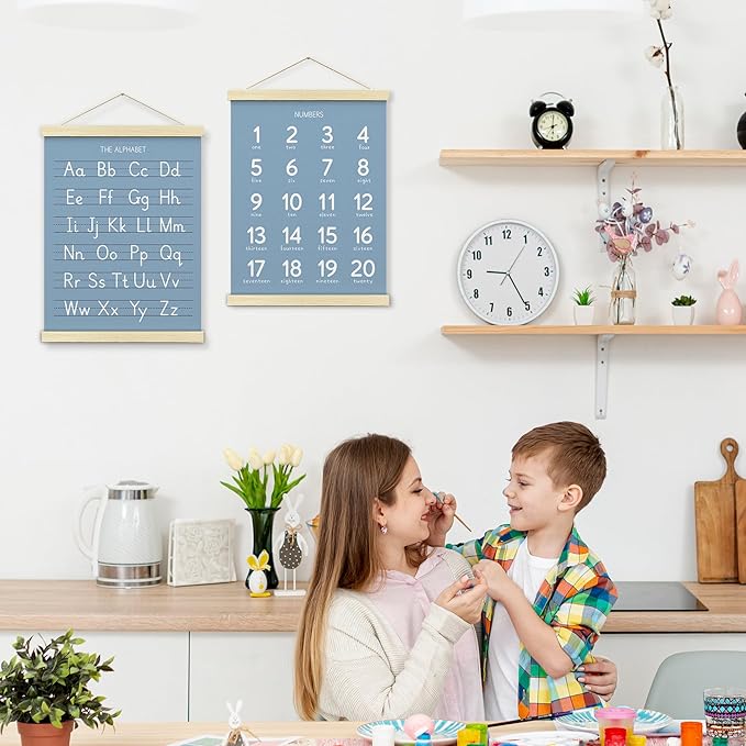 BONETAT Numbers alphabet poster for Nursery Toddlers, Play Room Wall Decor,ABC Wall Chart, Wall Hanging Decor for Toddler Playroom Decor Kids Wall Decor, Wooden Frame Alphabet Banner-A07