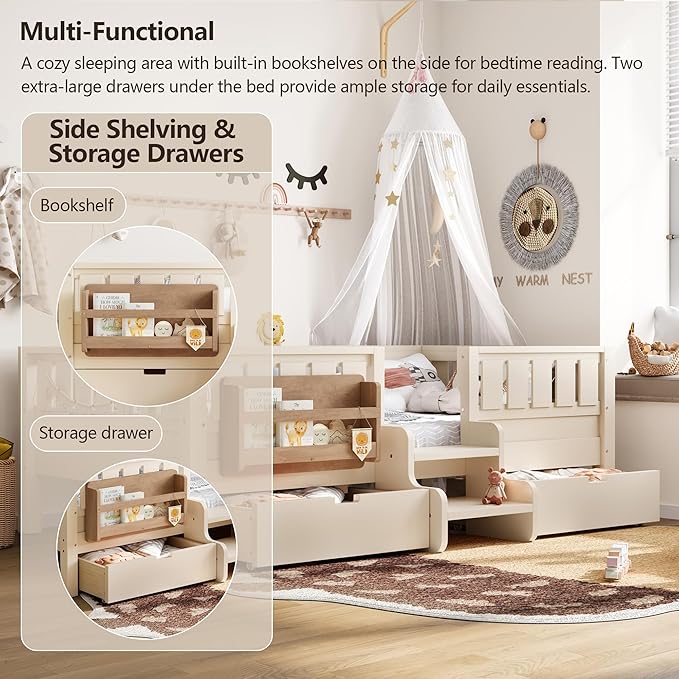 Bellemave Twin Bed with Slats and Stairs, Twin Size Platform Bed Frame with Fence, Bookshelf and Storage Drawers, Easy Assemble Beds for Kids, Girls, Boys, Beige