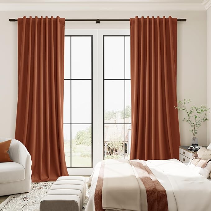 Guken Terracotta Linen 100% Blackout Curtains for Bedroom 96 Inches Long Textured Light Blocking Thermal Insulated Soundproof Back Tab Hook Belt Dining Room Backdrop 2 Panels Set Sorrel 52x96 8Ft