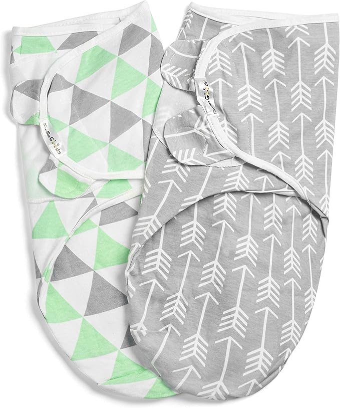 BaeBae Goods Swaddle Blanket, Adjustable Infant Baby Swaddling Wrap Set of 4, Baby Swaddling Wrap Blankets for Boys and Girls Made in Soft Cotton (0-3 Months, Green/Grey Triangles)