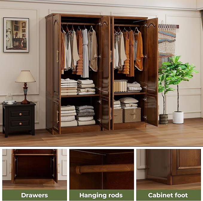 Solid Wood Wardrobe Closet:TemkTuek 70.87" Armoire,Clothing Storage Cabinet with 4 Doors,Shelves and Hanging Rails,Vintage Freestanding,Bedroom,Wood Grain Color(22-22)