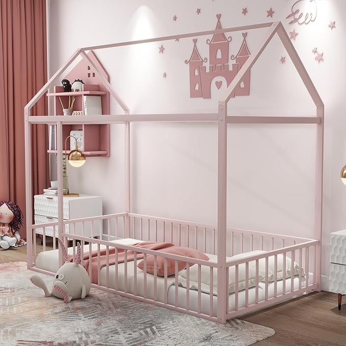 Bellemave Twin Size Montessori Floor Bed, Metal House Bed Framefor Kids, Montessori Floor Beds with Fence, Playhouse for Kids, Pink