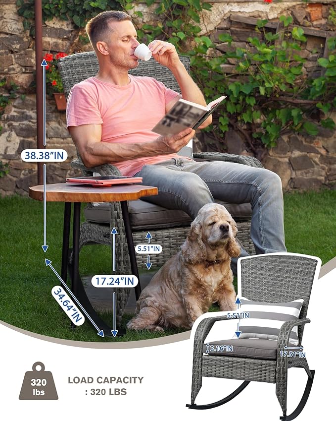 Outdoor Rocking Chair- Outdoor Rattan Rocker Chair with Heavy-Duty Steel Frame- All Weather Rocker Chair for Garden, Porch, Poolside, Backyard (Grey, 320lbs)