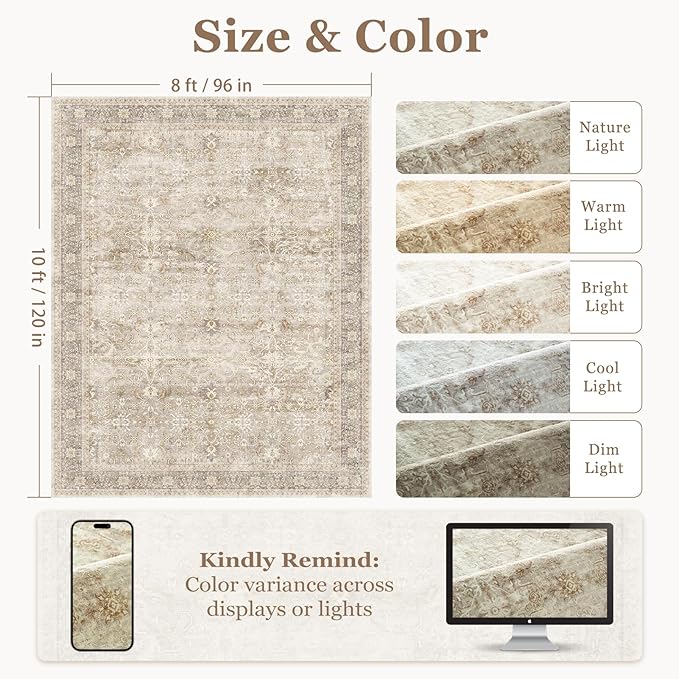 Vintage Beige 8x10 Area Rugs for Living Room, Retro Neutral Earth Tone Carpet Rug for Bedroom Dining Room, Low Pile Thin Washable Non Slip Room Rug for Home Office Playroom Family Room