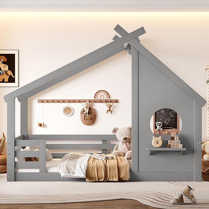 Polibi Twin Size House Floor Bed with Window and a Small Shelf, Solid Wood Low Profile Floor Bed for Kids, No Box Spring Needed, Grey