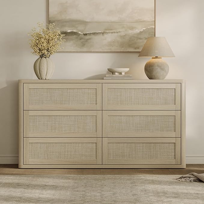 SICOTAS Dresser for Bedroom - 6 Drawer Dresser for Nursery 54" Wide Rattan Dressers & Chests of Drawers Boho Drawers for Bedroom Living Room Clothes Large Closet Storage for Closet Hallway Entryway
