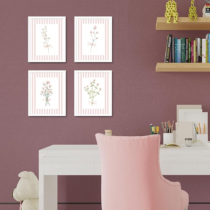 JINYO Coquette Pink Bow Floral Wall Art Prints Set of 4, Floral Room Decor, Preppy Pink and White Striped Flower Posters Pictures Wall Decor for Girls Room Bedroom Dorm Home, 12x16 Unframed