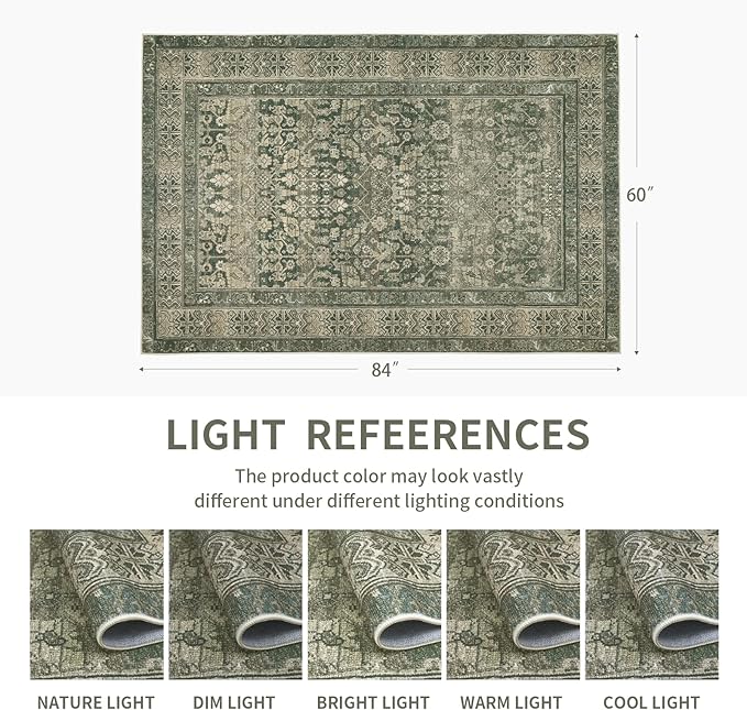 Vintage Washable Area Rug for Living Room,Low Pile 5x7 Non Slip Carpet Non-Shedding Area Rug Soft Indoor Stain Resistant Rug Floral Print Mat for Bedroom Dining Room Green
