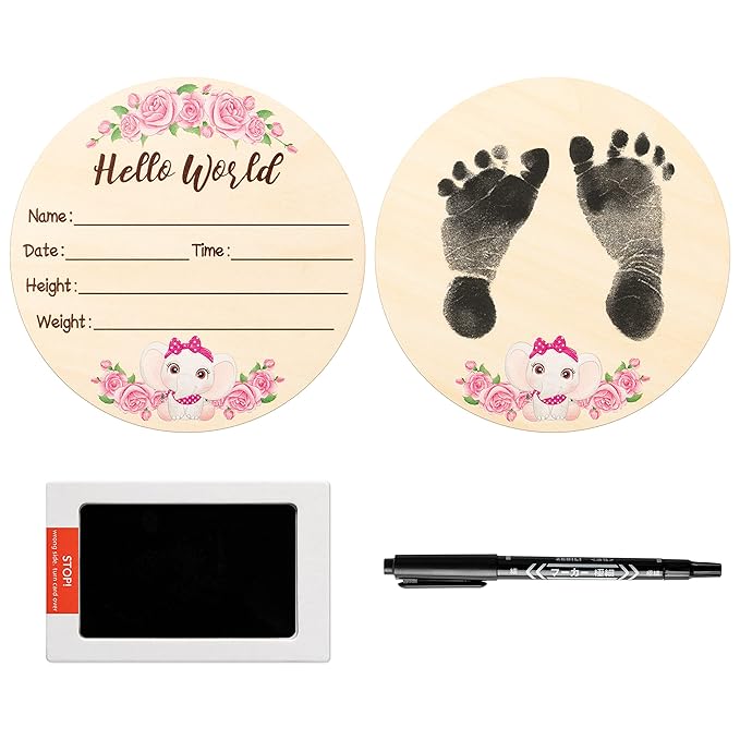 R HORSE Baby Birth Announcement Sign with Marker Pen, Pink Elephant Baby Name Sign with Ink Pad for Hand and Footprints, Wooden Hello World Newborn Announcement Nursery Decor Keepsake Gifts