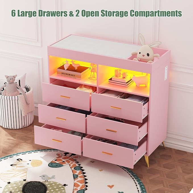 Dresser for Bedroom with LED Lights and Power Outlet, Baby Changing Table Dresser with 6 Drawers, 2 Open Storage Shelves, Baby Diaper Station with Changing Table Top (Pink)