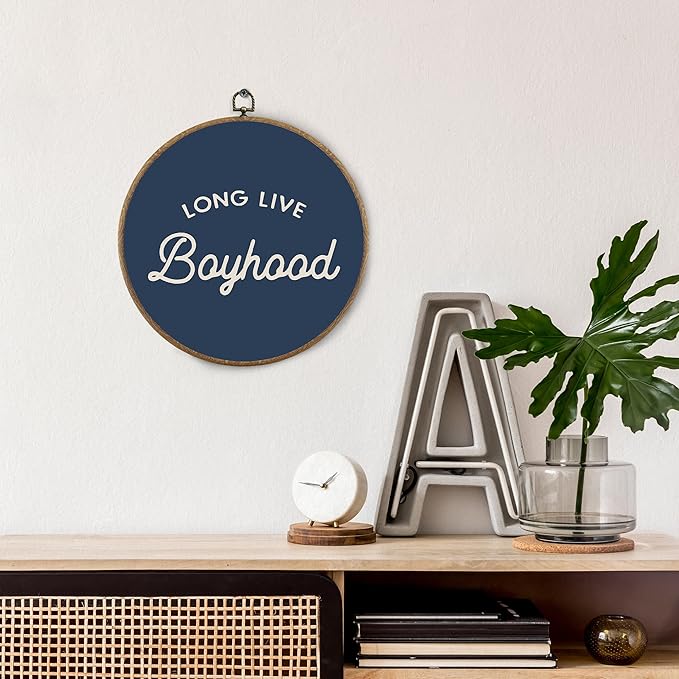 BitKAM Boy Nursery Round Wall Art Decor, Long Live Boyhood Canvas Prints Framed, Retro Navy Blue Wall Hanging Decorations for Kids Boys Nursery Bedroom Playroom, 10x10 Inch Wall Sculptures