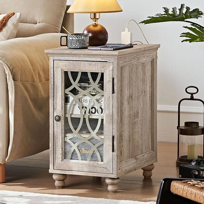 Narrow Side Table with Charging Station Set of 2, Night Stand with Glass Door,Bedside End Tables with Adjustable Shelf Storage Cabinet,Wood Nightstand for Small Spaces Living Room Bedroom